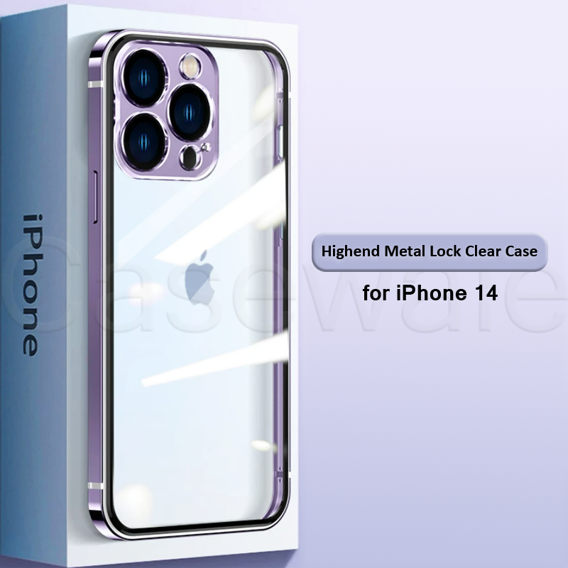 iPhone 14 Series Highend Metal Lock Clear Case with Camera Lens Protector